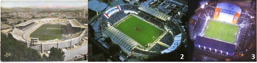 1. 13 juin 1937: Le Vélodrome originel, avec ses 2 pistes autour du terrain (35 000 places). 2. 24 Avril 1991, OM-Spartak: La piste cendrée puis la piste cycliste ont été recouvertes par les tribunes (48 000 places). 3. 8 avril 1998, OM-PSG: Seule la façade Jean Bouin a subsisté aux travaux (60 000 places).