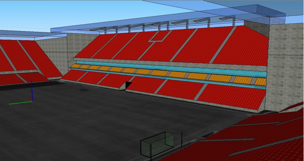 vue de la Lepagnot depuis la trannin avec espace vip + loges  en zone jaune + salon en niveau inférieur . zone de presse au centre niveau 2