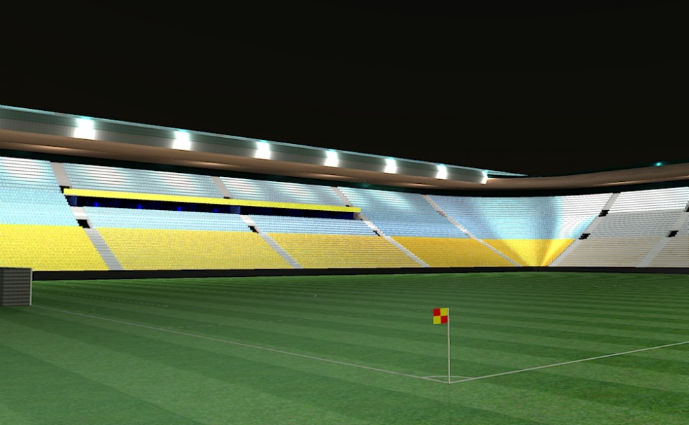 Vue sur la tribune présidentiel et une partie d'un des virages. On voit bien la différence entre les sièges sans et avec dossiers