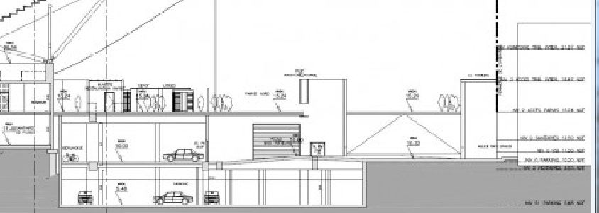 Coupe VN plein centre.<br />L'accès au garage Bus et la montée vers le parvis sont décalées de plusieurs mètres.